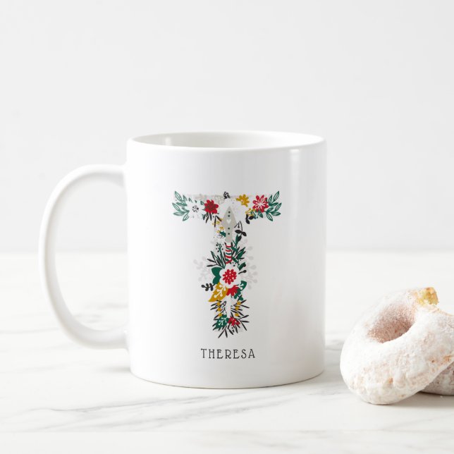 Mug Lettre T | LETTRE FLEURIE Whimsical Monogramme I M (Avec donut)