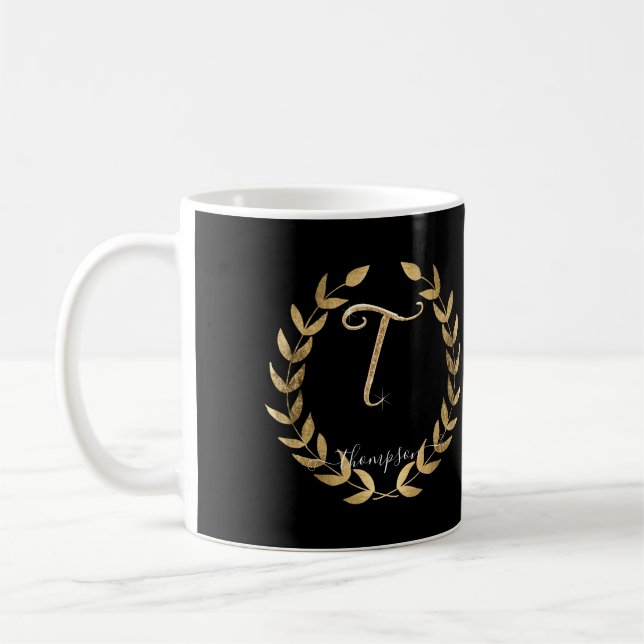 Mug Lettre T Monogramme Noir n Or Nom du script (Gauche)