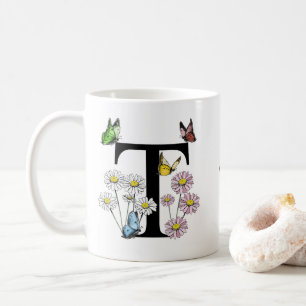 Mug Lettre T Papillon Floral Monogramme Initial  