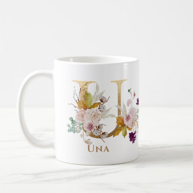 Mug Lettre U - Gold Floral Nom soeur collègue ami coll (Gauche)