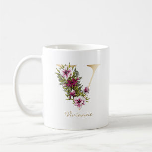 Mug Lettre V Monogramme or Marsala Flores blanches