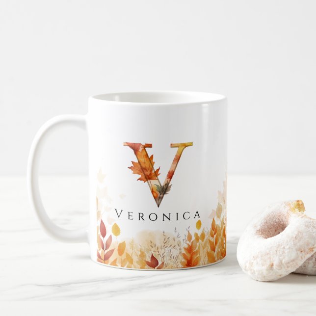 Mug LETTRE V MONOGRAPHIQUE INITIALE Élégante FEUILLES  (Avec donut)