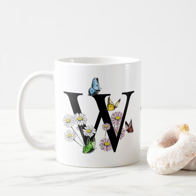Mug Lettre W Monogramme Papillon Floral Initial   (Avec donut)