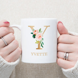 Mug Lettre Y dorée monogramme   Floral rose blanc vert
