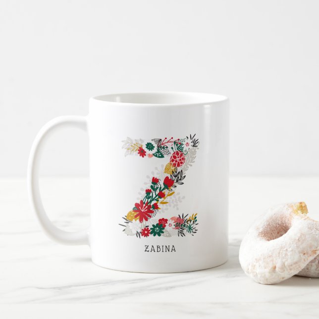 Mug Lettre Z | LETTRE FLEURIE Whimsical Monogramme I M (Avec donut)