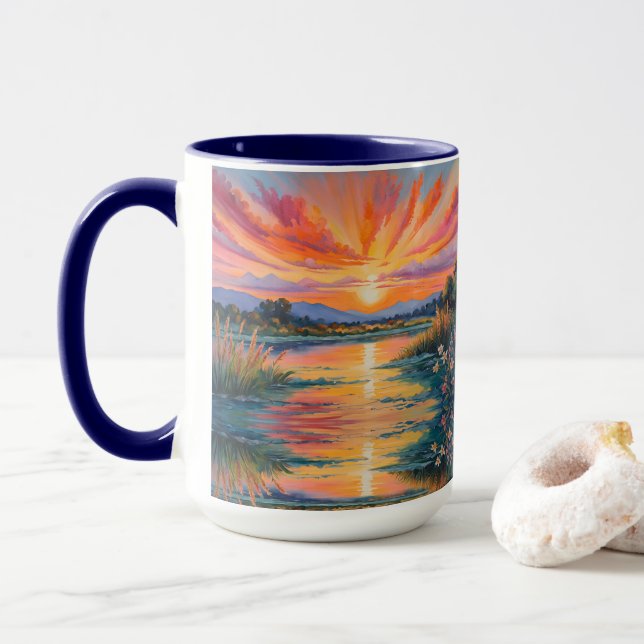 Mug Lever de soleil à l'aquarelle de l'étang (Avec donut)