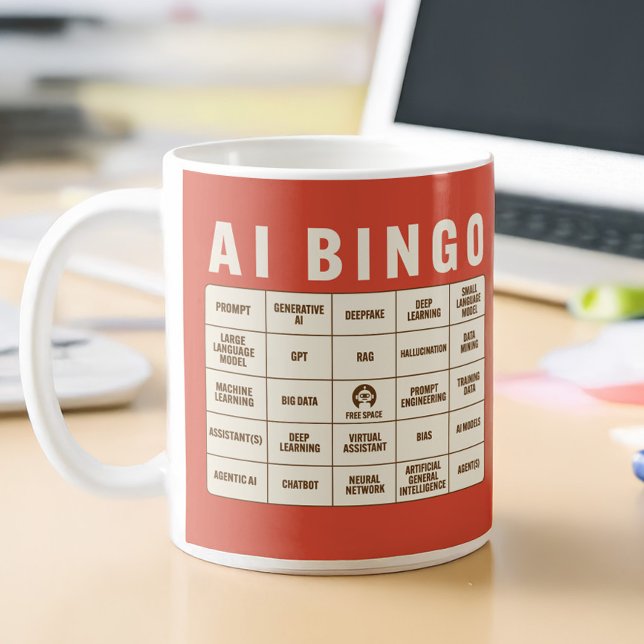 Mug L'IA Bingo (AI Buzzword Bingo Mug transforms every jargon-filled conference into an entertaining game)