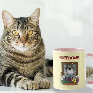 Mug Liberté Évasion Drôle Chat Jaune Floral Fenêtre