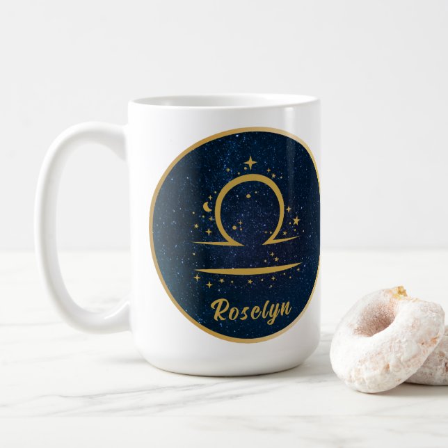 Mug Libra zodiac symbole or étoiles ciel personnalisé (Avec donut)
