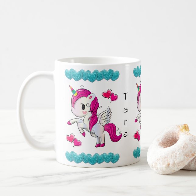 Mug Licorne Cœurs Bleus (Avec donut)