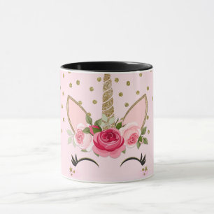Mug Licorne Tendance Pailletée Or et Fleur Rose