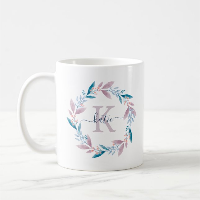 Mug Lilac Aquarelle Florale Wreath Monogramme (Gauche)