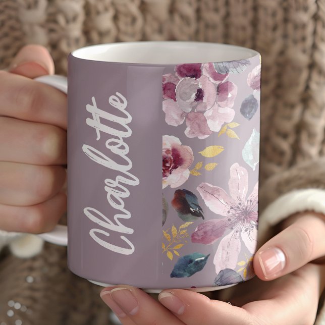 Mug Lilac Floral Pattern Monogram  (Créateur téléchargé)