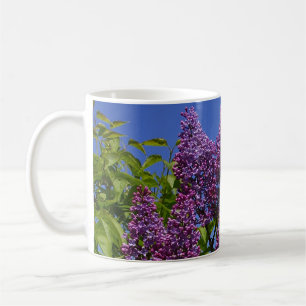 Mug lilas, image lilas réelle, ciel bleu, fleurs viole