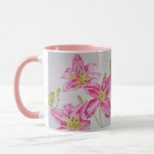 Mug Lilium floral à fleurs roses Aquarelle d'art