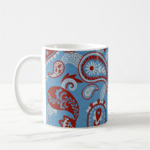 Mug Linocut traditionnel Paisley Rouge Bleu Blanc