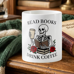 Mug Lire des livres Boire du café Drôle de squelette A