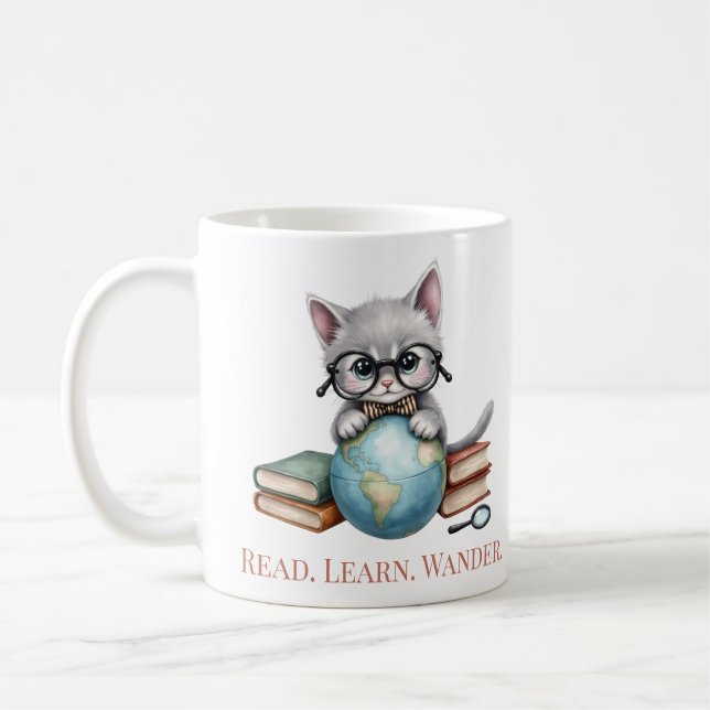 Mug "Lisez. Apprenez. Allez-y." Chat de réservation mi (Gauche)