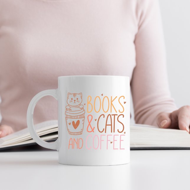 Mug Livres, chats et café orange et rose (Créateur téléchargé)