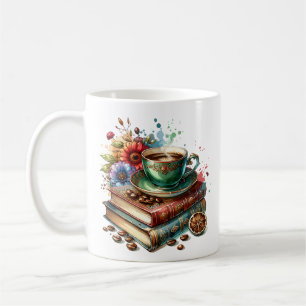 Mug Livres vintages, Fleurs et Café ou Thé