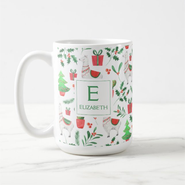 Mug Llamas de Noël, Cactus, Berries, Arbres Monogramme (Gauche)