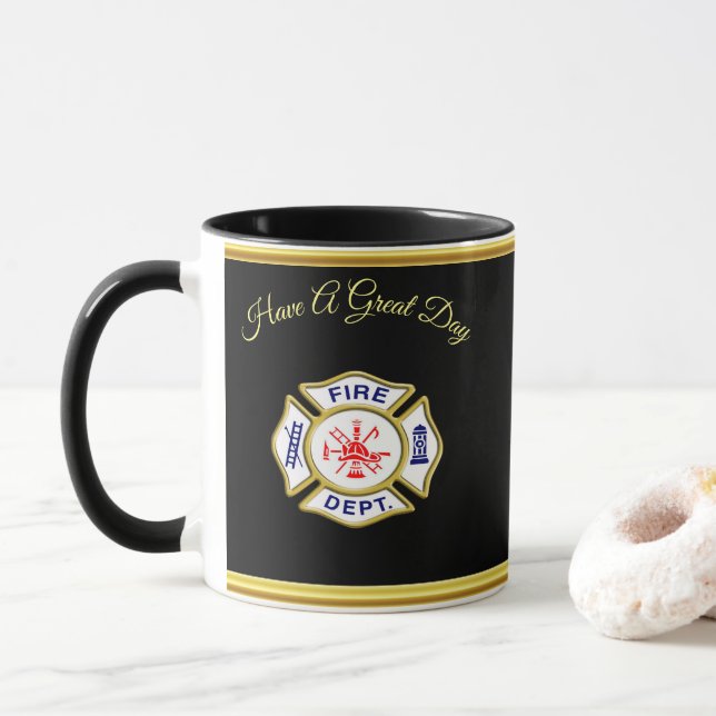 Mug Logo du service d'incendie Bleu et blanc Badge or (Avec donut)