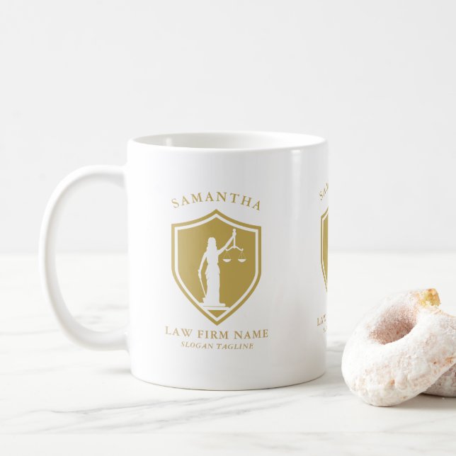 Mug Logo Gold Lady Justice Texte personnalisé (Avec donut)
