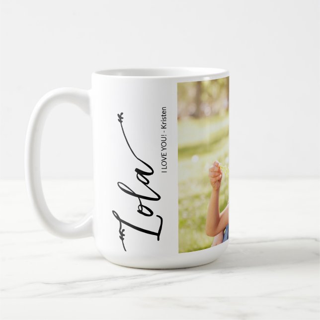 Mug Lola Je vous aime Photo personnalisée Nom Script (Gauche)