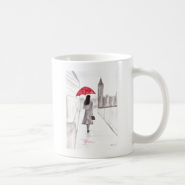 Mug Londres fille avec parapluie rouge aquarelle Angle (Droite)