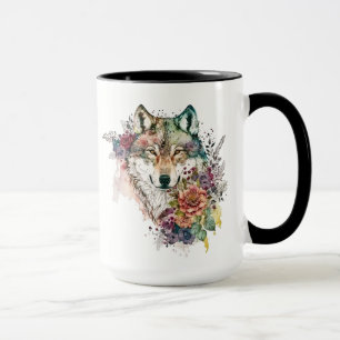 Mug Loup d'aquarelle avec fleurs dans la boue de la na