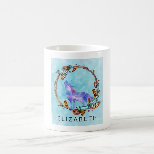 Mug Loup d'aquarelle violet avec couronne de bois sur  (Centre)