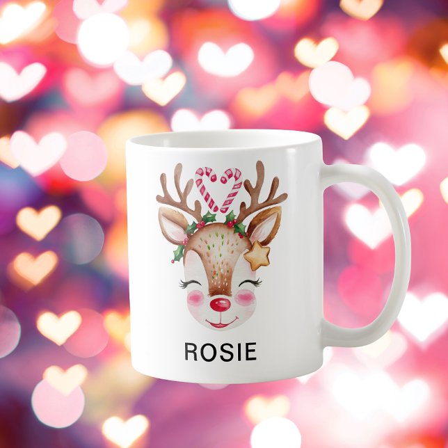 Mug Love Heart Candy Cane Reindeer Custom Name (Love Heart Candy Cane Reindeer Custom Name Coffee Mug
)