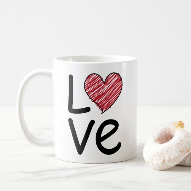 Mug Love Scribbled Hand Drawn Red Heart Minimalist (Avec donut)
