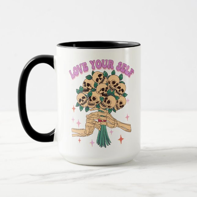 Mug Love Yourself Skull Bouquet Valentine Retro Rose (Gauche)