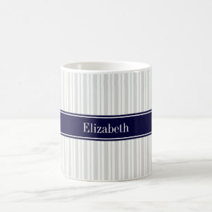 Mug Lt Gray Wht Uneven Stripe Navy Blue Name Monogram