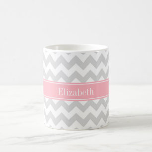 Mug Lt Grey White Chevron Zigzag Pink Nom Monogramme