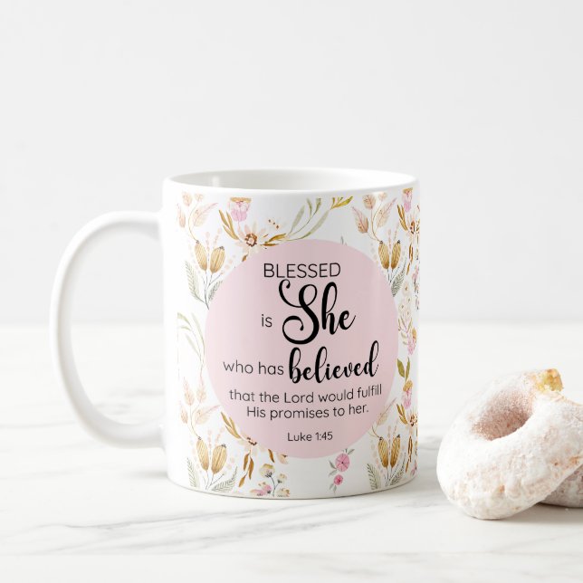 Mug Luc 1:45 Béni est Elle Aquarelle Rose Floral (Avec donut)