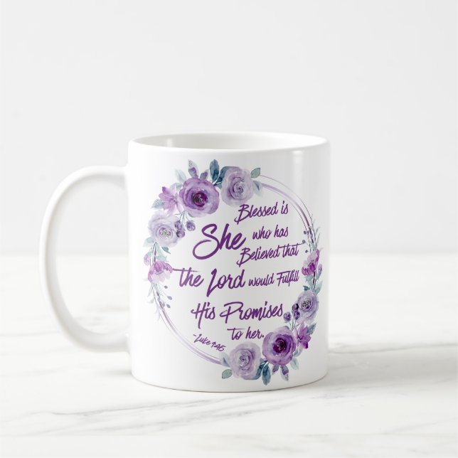 Mug Luc 1:45 Béni est Elle Florale violette (Gauche)
