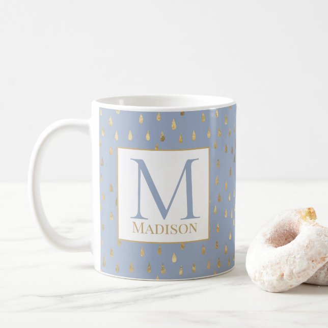 Mug Lumière Bleu Or Raindrop Moderne Monogramme tendan (Avec donut)