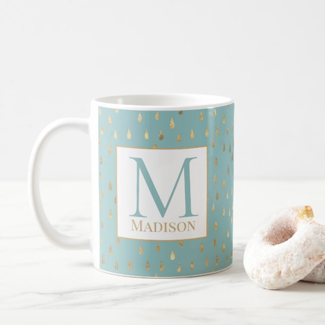 Mug Lumière Vert Or Raindrop Moderne Monogramme tendan (Avec donut)
