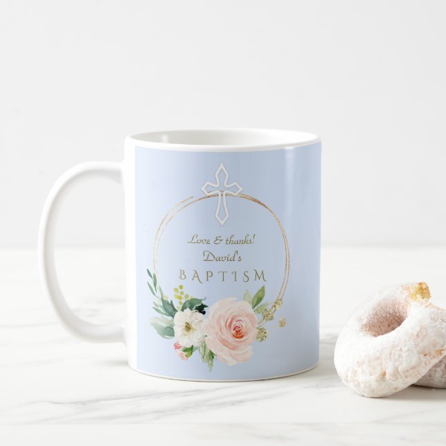Mug Luxe rose Blush Floral Blanc Croix Baptême garçon (Avec donut)