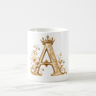 Mug Luxury Gold Letter A Monogram with Crown & Lily Fl