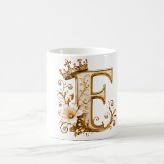 Mug Luxury Gold Letter F Monogram with Crown & Lily Fl