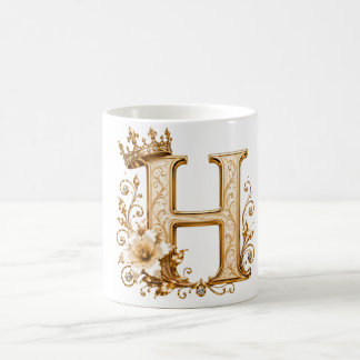 Mug Luxury Gold Letter H Monogram with Crown & Lily Fl