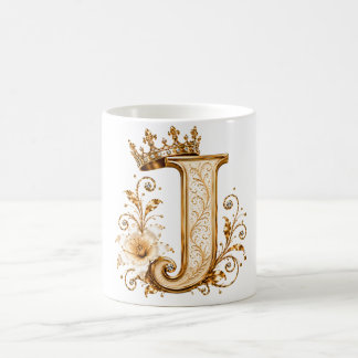 Mug Luxury Gold Letter J Monogram with Crown & Lily Fl