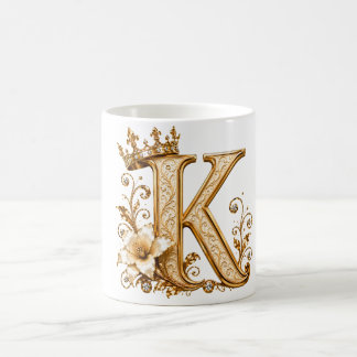 Mug Luxury Gold Letter K Monogram with Crown & Lily Fl