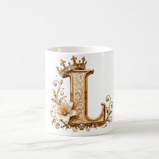 Mug Luxury Gold Letter L Monogram with Crown & Lily Fl