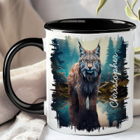 Lynx dans le reflet du lac forestier
