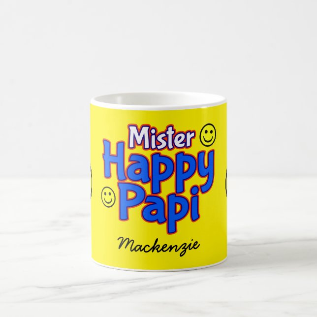 Mug M. Happy Papi avec Smile Emojis et nom sur YELLOW (Centre)