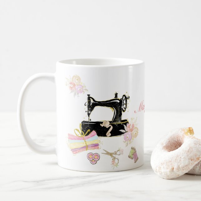 Mug Machine à coudre vintage et tissu (Avec donut)
